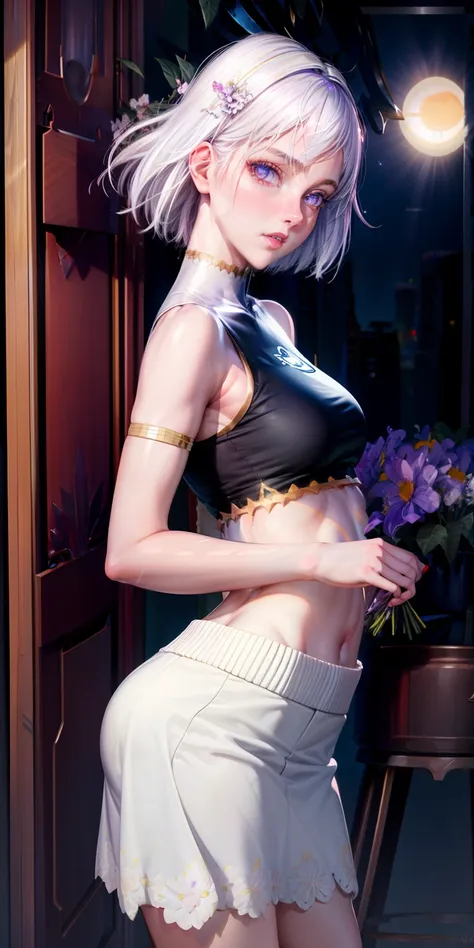 realistic, 1girl, white hair, purple eyes, glowing eyes, crop top, skirt, parted lips, blush, night, flowers, sun, sunlight,