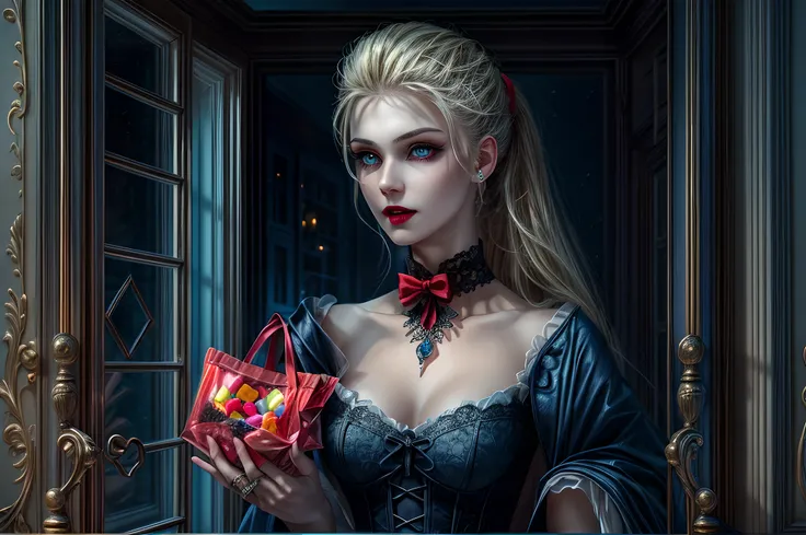 icture of vampire standing in the front of her home holding a (candy bag: 1.2), an exquisite beautiful female vampire in her front door of her home, full body (ultra detailed, Masterpiece, best quality), ultra detailed face (ultra detailed, Masterpiece, be...