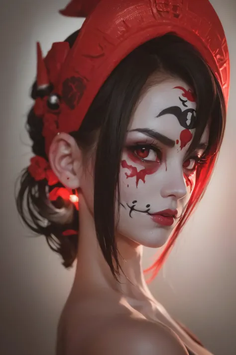 "(The best lighting, oscuro, dramatic),(feto calavera geisha escupiendo tinta roja, Cicatrices, sexy, cerebro, sangre, una rata dentro de la cabeza, terror.),(ojos rojos, calaveras). volumetric light.