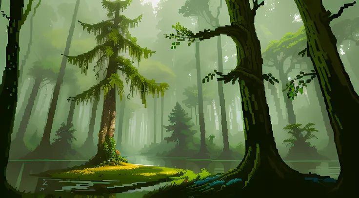 Theres a pixel art style image of a forest with trees, atmosfera pantanosa, #pixelarte:3, floresta pantanosa, ambiente florestal de mofo de limo, floresta sombria, # pixelarte, #pixelarte, Conceito PixelArt, vasta floresta, random forest landscape, Florest...