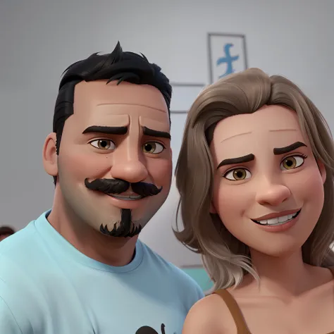 casal homem cabelo preto com bigode e mulher loira no estilo Disney Pixar, alta qualidade, melhor qualidade