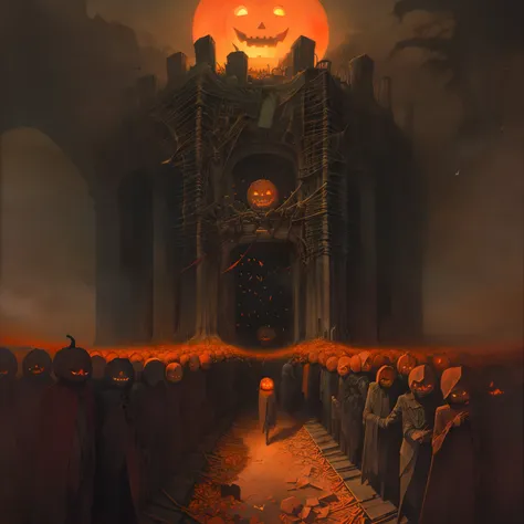 crowd of people, jack o lantern, candy, treats, confetti, happy halloween, by zdzislaw beksinski, scenery