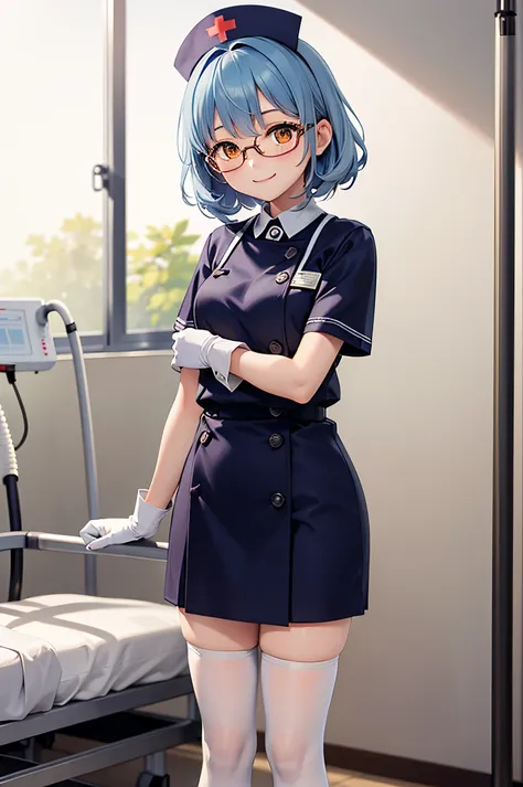 1girl, solo, nurse, nurse cap, white wear, ((white legwear, zettai ryouiki)), white gloves, glasses, blue hair, orange eyes, smile, standing, ((hospital room)), sharp outline, short sleeves, best quality, masterpiece