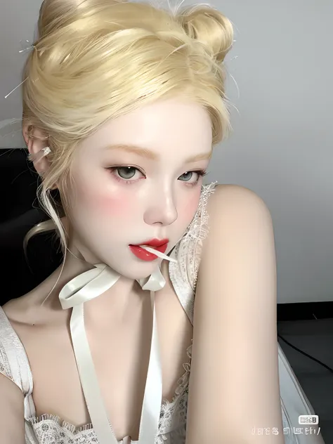 blonde woman wearing a white dress and a red lipstick, pale porcelain white skin, pale fair skin!!, pale milky white porcelain s...