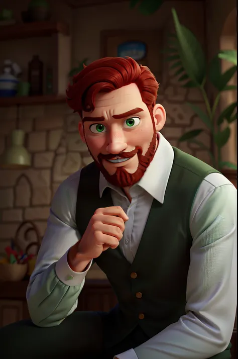 homem de barba ruiva, Green eyes looking ahead with raised hand in Disney Pixar style, alta qualidade, melhor qualidade