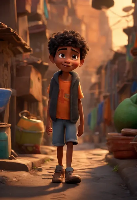 Um filme inspirado na Disney Pixar (MENINO BRANCO JOVEM COM CABELO LONGO CACHEADO PRETO) Hes walking down a street in a slum in The scene being in the distinctive art of the PIXAR style, descolada e estilosa