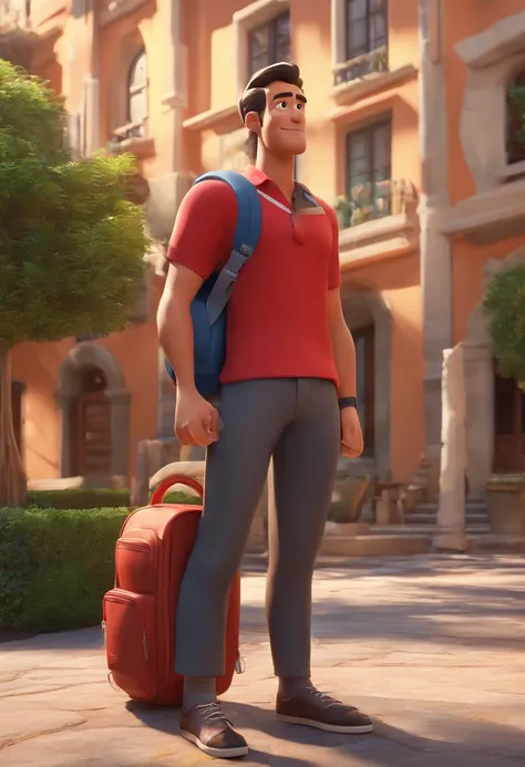 Create a Pixar 3D Movie Cover Style Image How to Train Your Dagger from a Young Man Dressed in a Red Shirt and a Black Backpack Standing on the Sidewalk. Hes looking at the camera from the front. O homem usa um colar com uma cruz de madeira marrom, que adi...