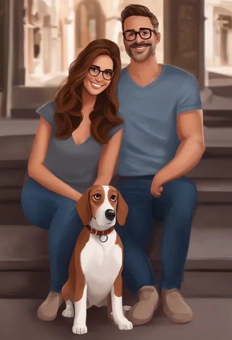 Pixar. Casal com um filhote de cachorro beagle marrom. A menina tem os cabelos loiros amarrados, Camiseta cinza e jeans claro, white glasses. O menino de cabelos pretos com cabelos grisalhos, barba pequena, oculos, Dark blue jeans and gray t-shirt. They ar...