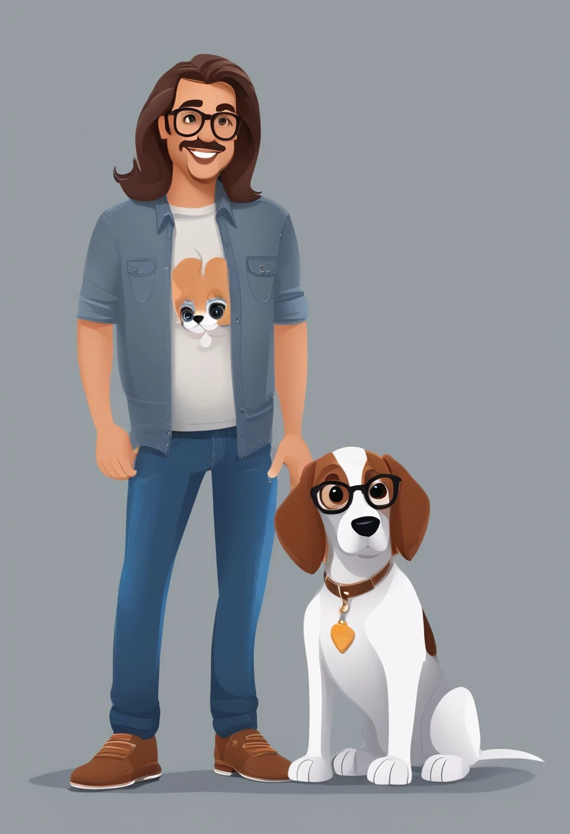 Pixar. Casal com um filhote de cachorro beagle marrom. A menina tem os cabelos loiros amarrados, Camiseta cinza e jeans claro, white glasses. O menino de cabelos pretos com cabelos grisalhos, barba pequena, oculos, Dark blue jeans and gray t-shirt. They ar...