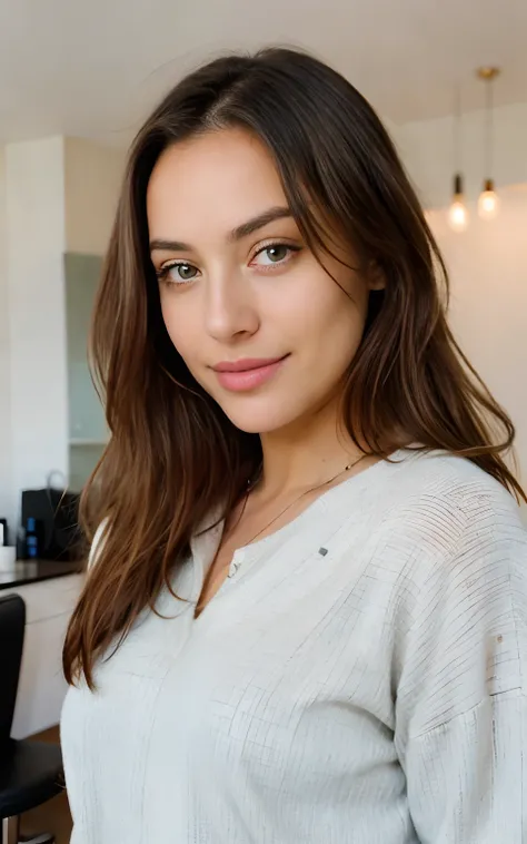 Beautiful brunette in a light beige sweater (Nail care in a modern beauty salon), Very detailed, 21 old years, Innocent Face, natural wavy hair, Cyan eyes, High Resolution, Masterpiece, Best Quality, intricate details, higly detailed, sharp-focus, detailed...