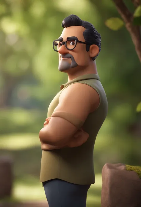 Cartoon character of a man with black glasses , jovem, barba e cabelos escuros, e uma camisa verde, com mochilanas costas, animation character, Caractere estilizado, animation style rendering, 3D estilizado, Arnold Maya render, 3 d render stylized, toon re...