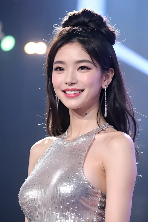 (extra detailed body、extra detailed face、best qualtiy:1.2)、femele、looking at the viewers、(Dress that came out with silver sequins、Shoulder-length silver earrings、Fancy Necklaces、Smiling smile、Oblique upward line)、(Fashion show venue in the background）