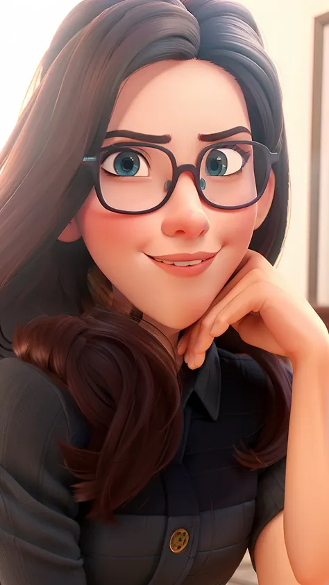 Mulher branca com cabelo longo ondulado no estilo pixar, olhos castanhos claros, eyeglass