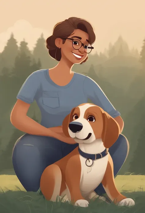 Pixar. Casal com um filhote de cachorro beagle marrom. A menina tem os cabelos loiros amarrados, Camiseta cinza e jeans claro, white glasses. O menino de cabelos pretos com cabelos grisalhos, barba pequena, oculos, Dark blue jeans and gray t-shirt. They ar...