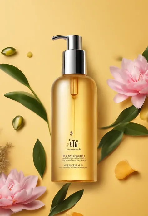 (Best quality,4K,8K,A high resolution,Masterpiece:1.2),Ultra-detailed,(Realistic,Photorealistic,photo-realistic:1.37),A close-up of a bottle of Huang Jixiu cleansing oil and a selection of flowers, Clean face and body skin, Skincare, skin care, Take a pict...