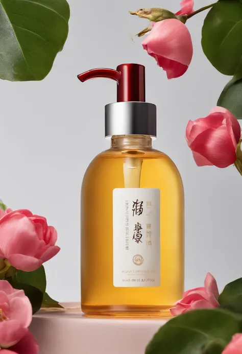 (Best quality,4K,8K,A high resolution,Masterpiece:1.2),Ultra-detailed,(Realistic,Photorealistic,photo-realistic:1.37),A close-up of a bottle of Huang Jixiu cleansing oil and a selection of flowers, Clean face and body skin, Skincare, skin care, Take a pict...