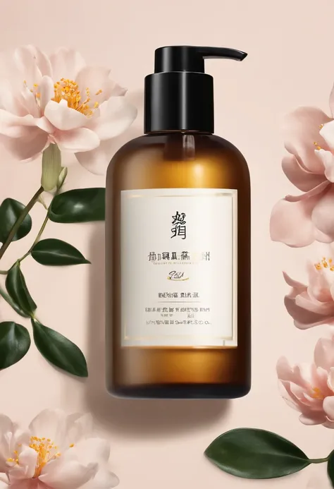 (Best quality,4K,8K,A high resolution,Masterpiece:1.2),Ultra-detailed,(Realistic,Photorealistic,photo-realistic:1.37),A close-up of a bottle of Huang Jixiu cleansing oil and a selection of flowers, Clean face and body skin, Skincare, skin care, Take a pict...