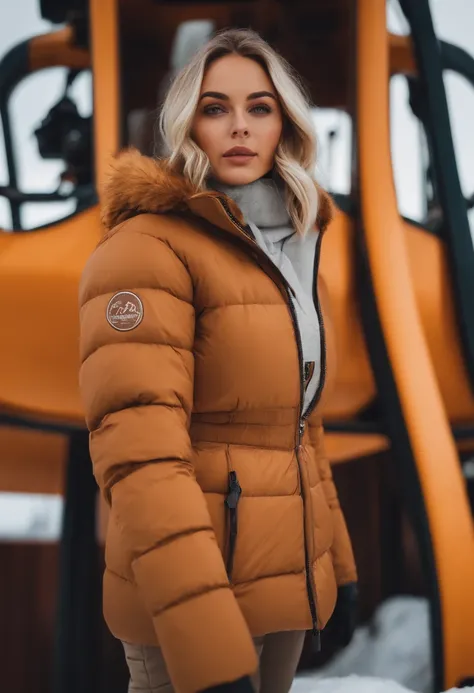 realistic white female instagram influencer, best quality, blonde, 1 girl, brown eyes, in puffer jacket and ski pants, standing infront of a ski lift