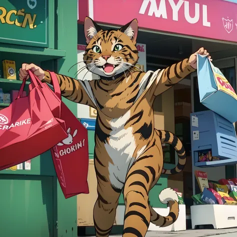 turn this cat to cartoon, buy somthing from grocery, happy face