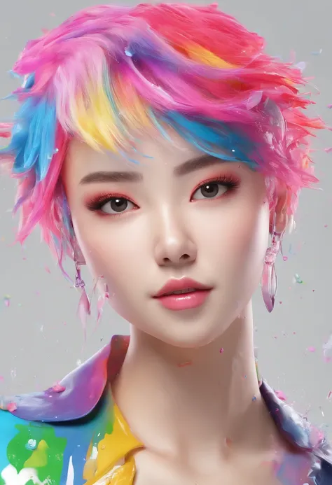 (Masterpiece, Best Quality, High Resolution), White Background, ((Paint Splash, Color Splash, Splash of Ink, Color Splash)), Sweet Chinese Girl, Rainbow Hair, Pink Lips, Front, Upper Body