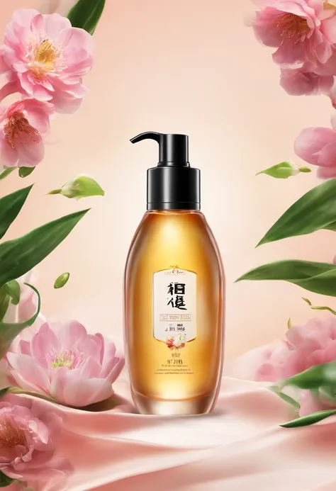 (Best quality,4K,8K,A high resolution,Masterpiece:1.2),Ultra-detailed,(Realistic,Photorealistic,photo-realistic:1.37),A close-up of a bottle of Huang Jixiu cleansing oil and a selection of flowers, Clean face and body skin, Skincare, skin care, Take a pict...