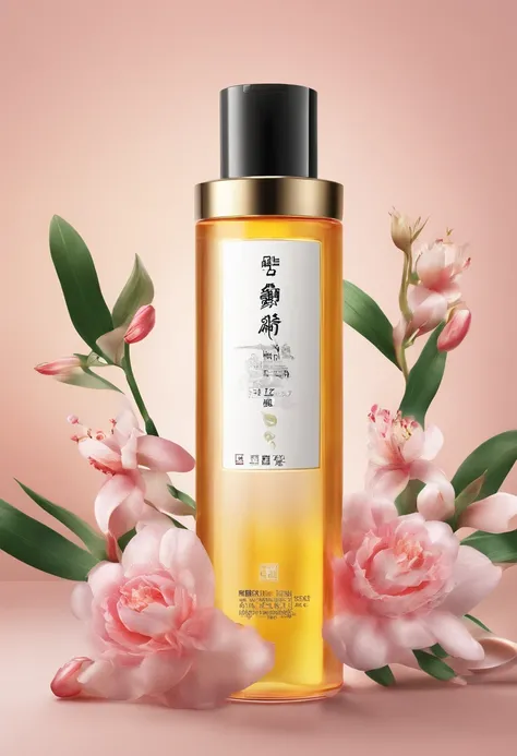 (Best quality,4K,8K,A high resolution,Masterpiece:1.2),Ultra-detailed,(Realistic,Photorealistic,photo-realistic:1.37),A close-up of a bottle of Huang Jixiu cleansing oil and a selection of flowers, Clean face and body skin, Skincare, skin care, Take a pict...