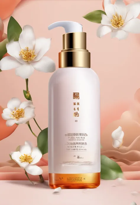 (Best quality,4K,8K,A high resolution,Masterpiece:1.2),Ultra-detailed,(Realistic,Photorealistic,photo-realistic:1.37),A close-up of a bottle of Huang Jixiu cleansing oil and a selection of flowers, Clean face and body skin, Skincare, skin care, Take a pict...