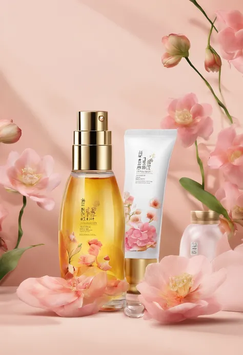 (Best quality,4K,8K,A high resolution,Masterpiece:1.2),Ultra-detailed,(Realistic,Photorealistic,photo-realistic:1.37),A close-up of a bottle of Huang Jixiu cleansing oil and a selection of flowers, Clean face and body skin, Skincare, skin care, Take a pict...