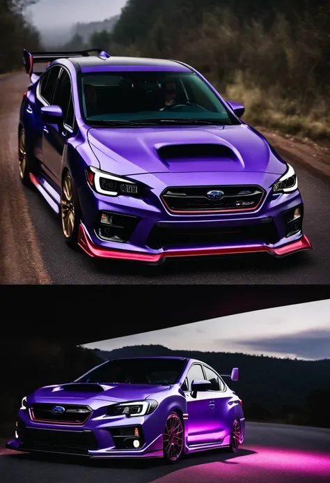 retroonda. 2020 Subaru WRX STI na estrada, purple neon lights, sol, montanha, Walpaper, best quality, qualidade perfeita, fotorrealista, ultrarrealista, absurdo, (master part,circunstanciado,Altas),