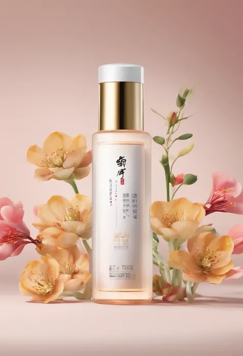 (Best quality,4K,8K,A high resolution,Masterpiece:1.2),Ultra-detailed,(Realistic,Photorealistic,photo-realistic:1.37),A close-up of a bottle of Huang Jixiu cleansing oil and a selection of flowers, Clean face and body skin, Skincare, skin care, Take a pict...