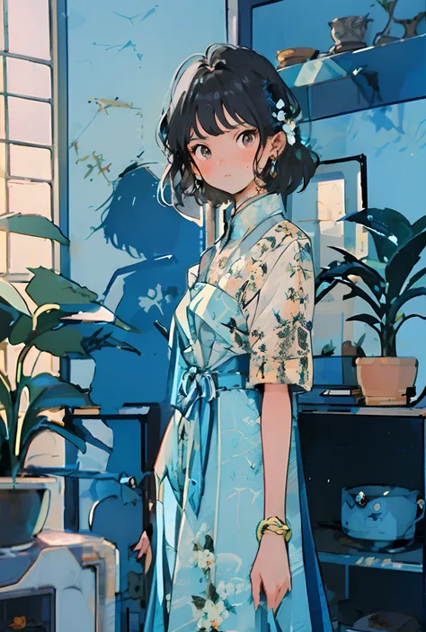 1girl, plant, solo, jewelry, earrings, potted plant, black hair, dress, looking at viewer, short sleeves, bangs, blush, brown eyes, floral print, indoors, bracelet, standing, shelf, short hair, hair ornament, print dress, nail polish, blue dress, medium ha...