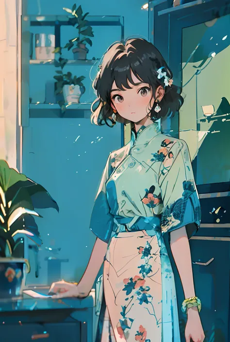 1girl, plant, solo, jewelry, earrings, potted plant, black hair, dress, looking at viewer, short sleeves, bangs, blush, brown eyes, floral print, indoors, bracelet, standing, shelf, short hair, hair ornament, print dress, nail polish, blue dress, medium ha...