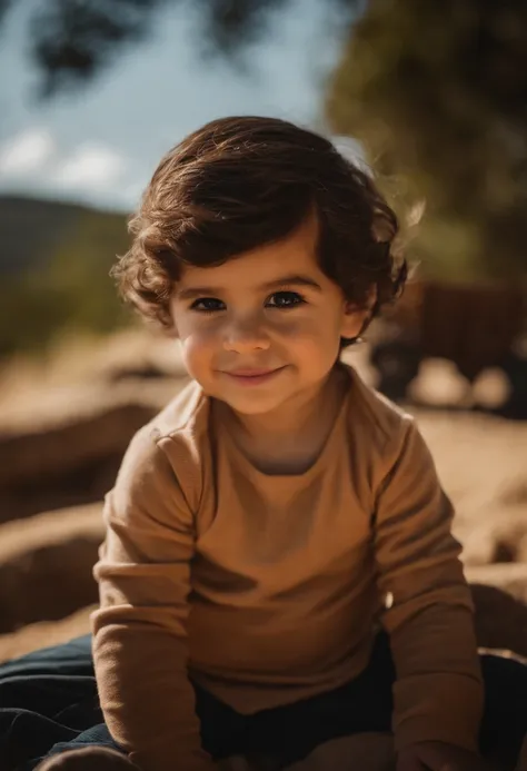 menino: Miguel, aproximadamente 5 anos de idade, cabelo curto estilo Disney, olhos castanhos e sorrisos. garota: Giovana, 2 anos, longos cabelos pretos e olhos azuis. scenecy: Miguel and Giovana are in a cozy little house in the valley, ao fundo um dia ens...