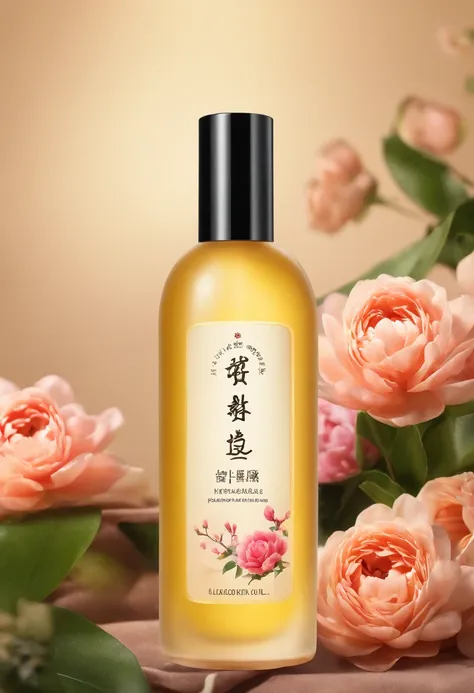 (Best quality,4K,8K,A high resolution,Masterpiece:1.2),Ultra-detailed,(Realistic,Photorealistic,photo-realistic:1.37),A close-up of a bottle of Huang Jixiu cleansing oil and a selection of flowers, Clean face and body skin, Skincare, skin care, Take a pict...