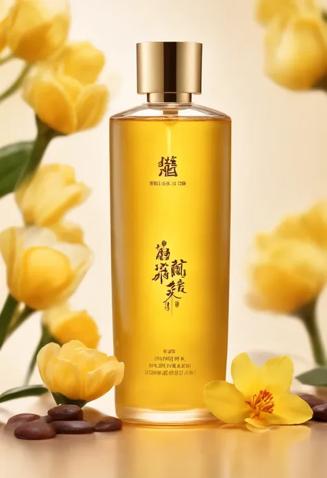 (Best quality,4K,8K,A high resolution,Masterpiece:1.2),Ultra-detailed,(Realistic,Photorealistic,photo-realistic:1.37),A close-up of a bottle of Huang Jixiu cleansing oil and a selection of flowers, Clean face and body skin, Skincare, skin care, Take a pict...