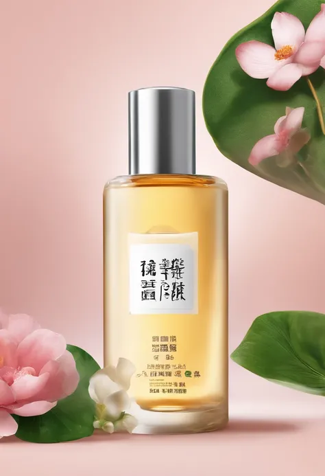 (Best quality,4K,8K,A high resolution,Masterpiece:1.2),Ultra-detailed,(Realistic,Photorealistic,photo-realistic:1.37),A close-up of a bottle of Huang Jixiu cleansing oil and a selection of flowers, Clean face and body skin, Skincare, skin care, Take a pict...