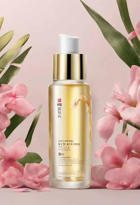 (Best quality,4K,8K,A high resolution,Masterpiece:1.2),Ultra-detailed,(Realistic,Photorealistic,photo-realistic:1.37),A close-up of a bottle of Huang Jixiu cleansing oil and a selection of flowers, Clean face and body skin, Skincare, skin care, Take a pict...