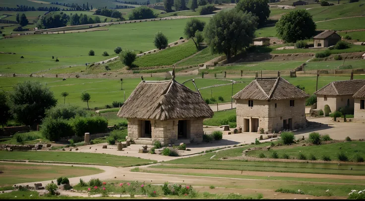 Prompt:

A Hittite village at the beginning of the second millennium BC in Anatolia.

The village is small, with about 200 to 500 inhabitants. It is built of clay or stone bricks, and has straw or wood roofs. The houses are usually simple, with one or two ...