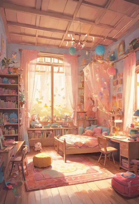 ```
A detailed illustration of a kids room under soft warm lighting. The room is filled with vibrant colors and playful elements. The main focus is on a cozy bed with colorful bedsheets and fluffy pillows. On the wall, there is a large painting of a whimsi...