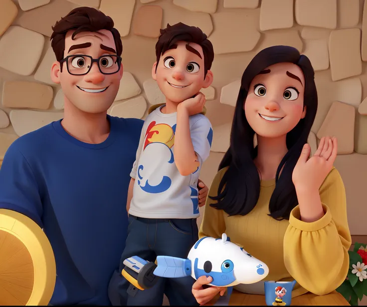 Um homem, A child and a woman in the style of Disney Pixar, alta qualidade, melhor qualidade