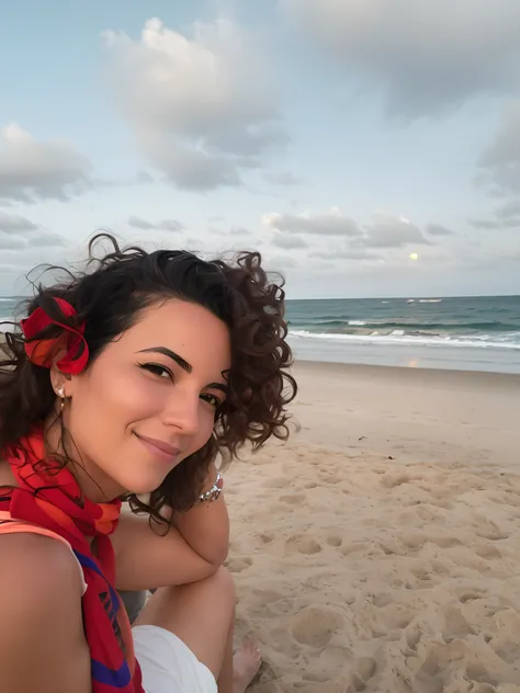 Woman sitting on the beach with a red scarf in, on the beach at sunset, posando em uma praia com o oceano, at the beach on a sunset, on the beach at sunset, Justina Blakeney, on the beach during sunset, imagem de perfil, Mulher de 30 anos de Cuba, em uma p...