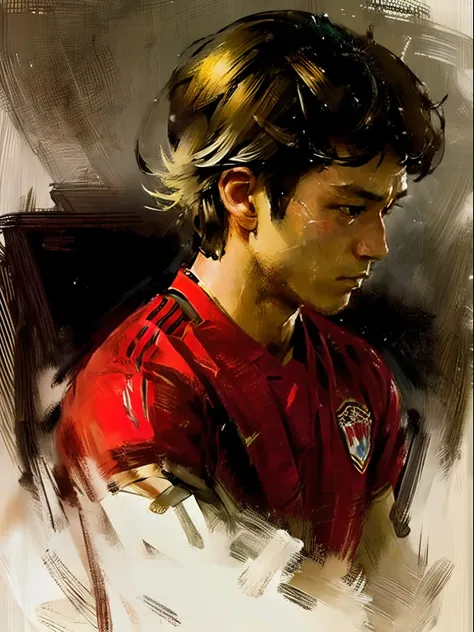 Homem Soccer Player face, style greg rutkowski realist, style anime, Japanese 17 years