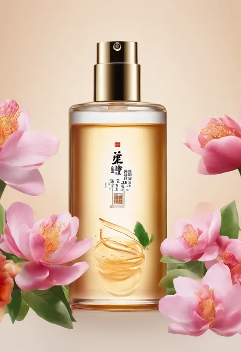 (Best quality,4K,8K,A high resolution,Masterpiece:1.2),Ultra-detailed,(Realistic,Photorealistic,photo-realistic:1.37),A close-up of a bottle of Huang Jixiu cleansing oil and a selection of flowers, Clean face and body skin, Skincare, skin care, Take a pict...