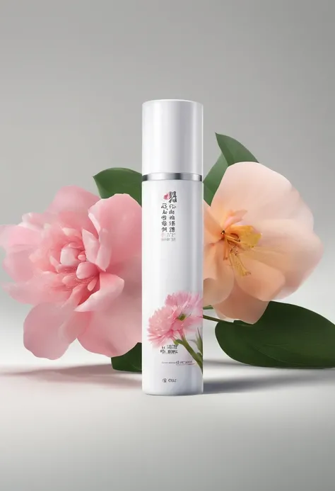 (Best quality,4K,8K,A high resolution,Masterpiece:1.2),Ultra-detailed,(Realistic,Photorealistic,photo-realistic:1.37),A close-up of a bottle of Huang Jixiu cleansing oil and a selection of flowers, Clean face and body skin, Skincare, skin care, Take a pict...