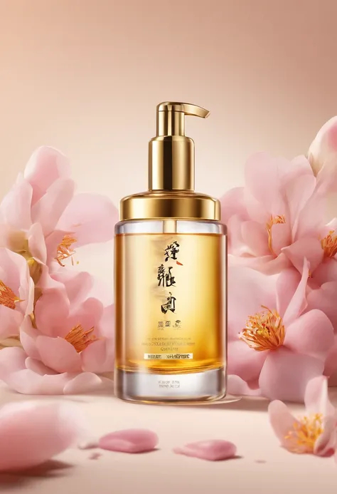 (Best quality,4K,8K,A high resolution,Masterpiece:1.2),Ultra-detailed,(Realistic,Photorealistic,photo-realistic:1.37),A close-up of a bottle of Huang Jixiu cleansing oil and a selection of flowers, Clean face and body skin, Skincare, skin care, Take a pict...