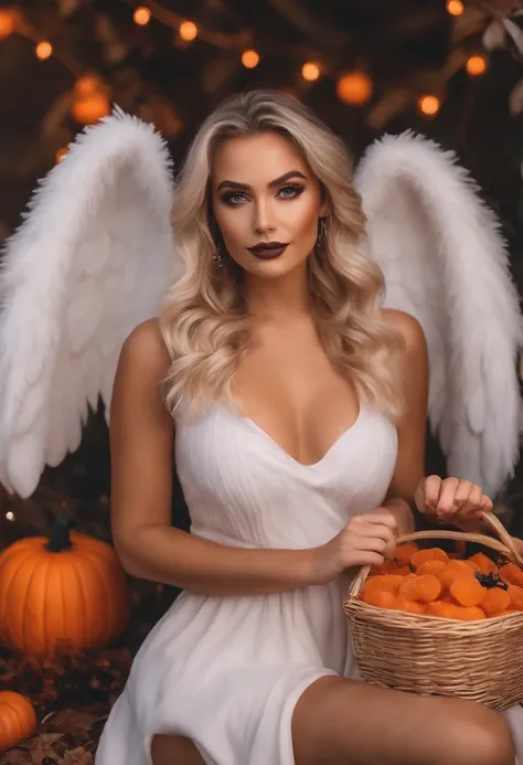 realistic white female instagram influencer, best quality, blonde, 1 girl, brown eyes, wearing a costume as a angel for halloween, with a bag full of candy