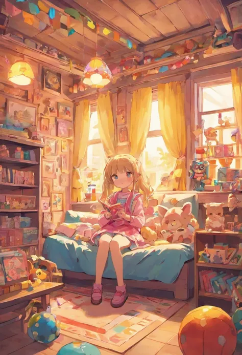 A detailed illustration of a girl in a colorful playroom, surrounded by toys and decorations. The girl has beautiful detailed eyes, delicate freckles on her nose, and brightly colored lips. She is wearing a cute dress with a playful pattern. In the backgro...