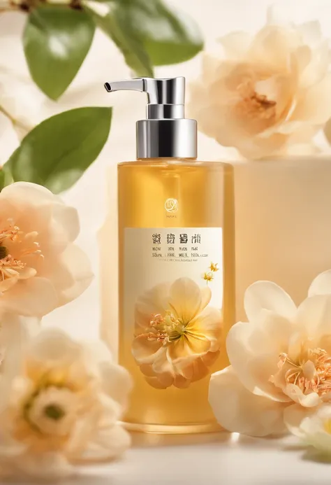 (Best quality,4K,8K,A high resolution,Masterpiece:1.2),Ultra-detailed,(Realistic,Photorealistic,photo-realistic:1.37),A close-up of a bottle of Huang Jixiu cleansing oil and a selection of flowers, Clean face and body skin, Skincare, skin care, Take a pict...