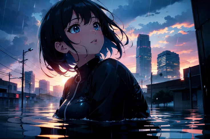 1 girl ,sitting ,(looking up sky), wide shot, cinematic lighting , cinematic angle , ((flooded city)), (sunny blue sky), (rain),((masterpiece)), ((best quality)), ((ultra-detailed)), (illustration), ((an extremely delicate and beautiful))