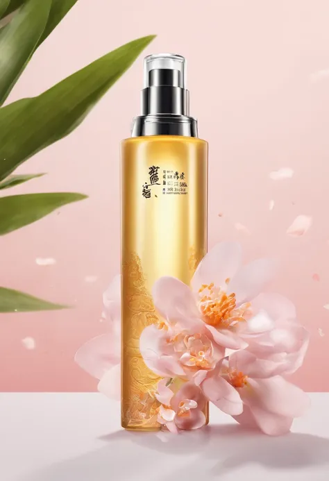 (Best quality,4K,8K,A high resolution,Masterpiece:1.2),Ultra-detailed,(Realistic,Photorealistic,photo-realistic:1.37),A close-up of a bottle of Huang Jixiu cleansing oil and a selection of flowers, Clean face and body skin, Skincare, skin care, Take a pict...